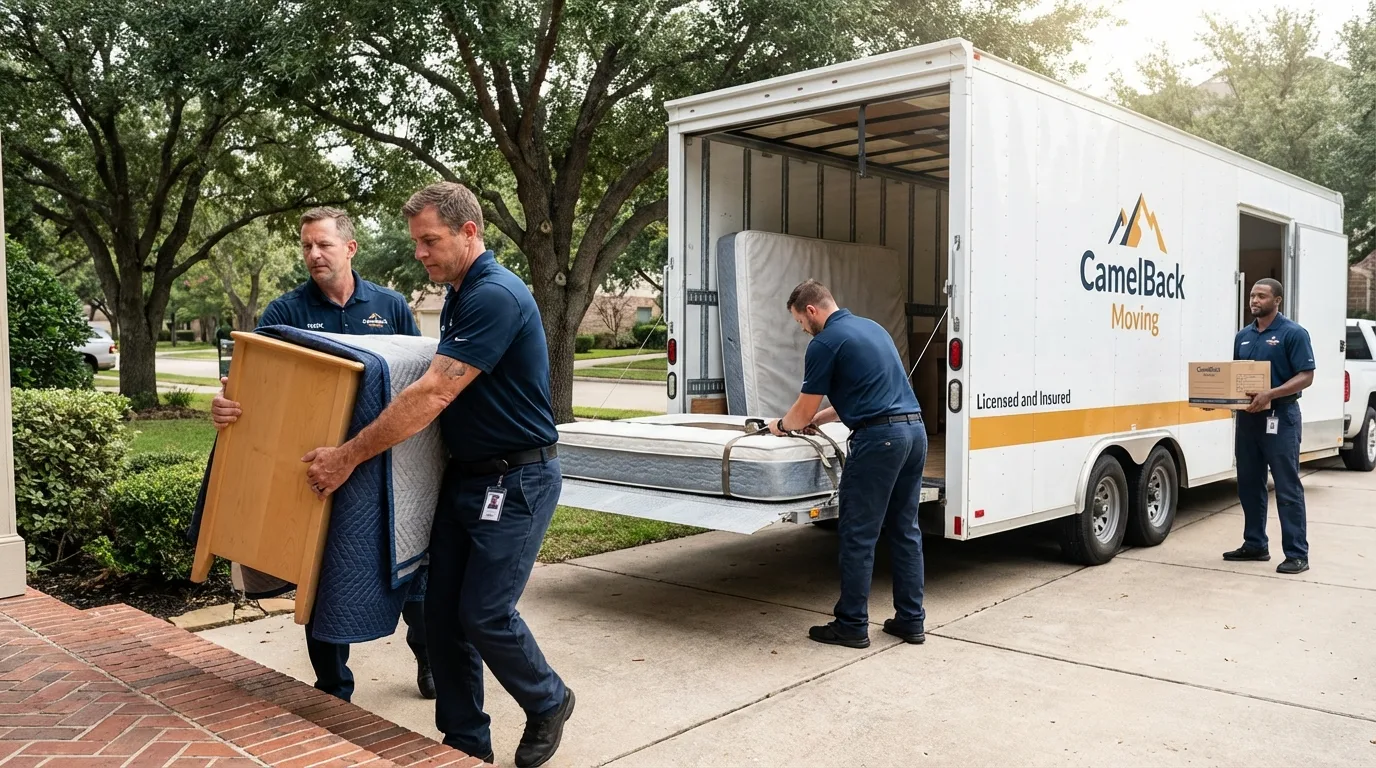 Crew loading residential truck for cross-state move from Pismo Beach, CA