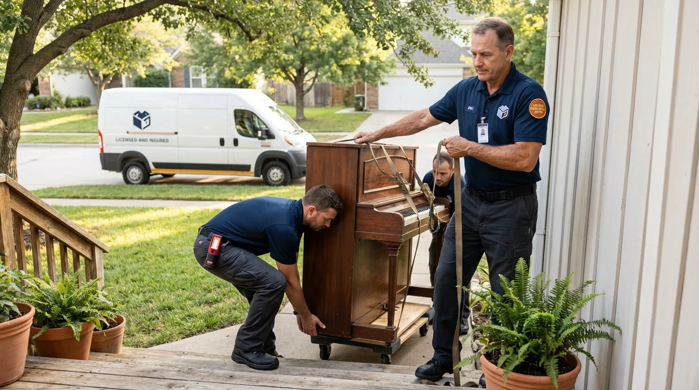 Licensed piano movers securing grand piano in Pismo Beach, CA