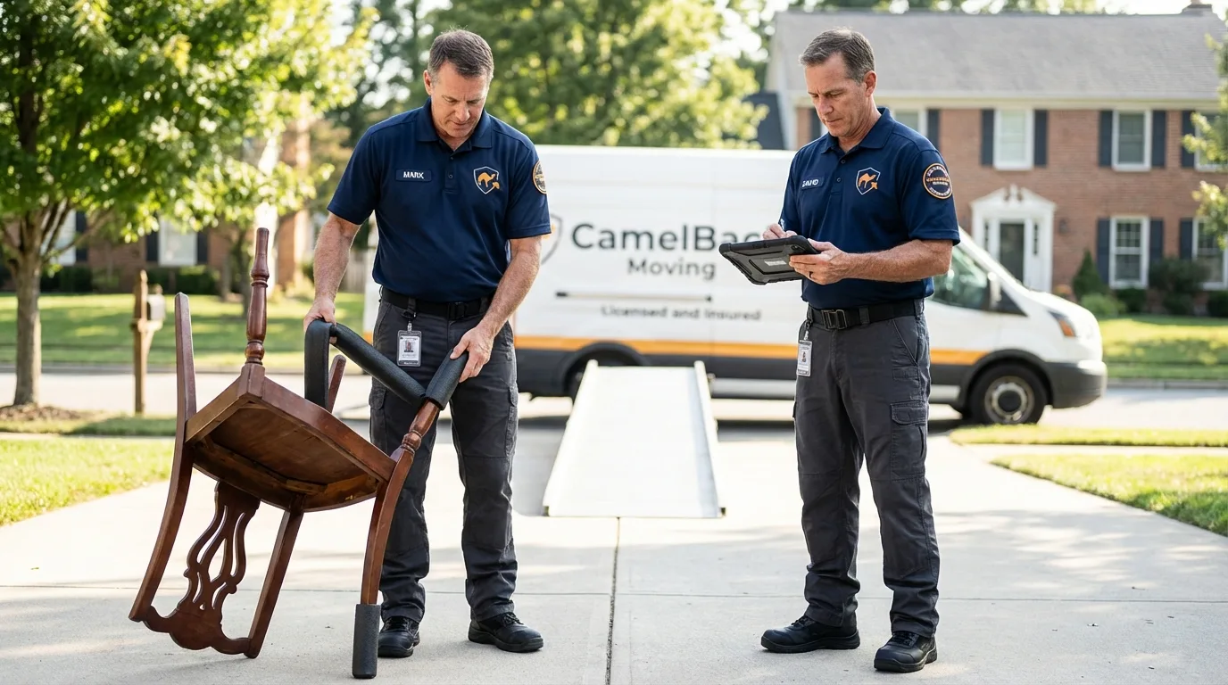 Movers inspecting furniture for damage prevention before loading in Pismo Beach, CA