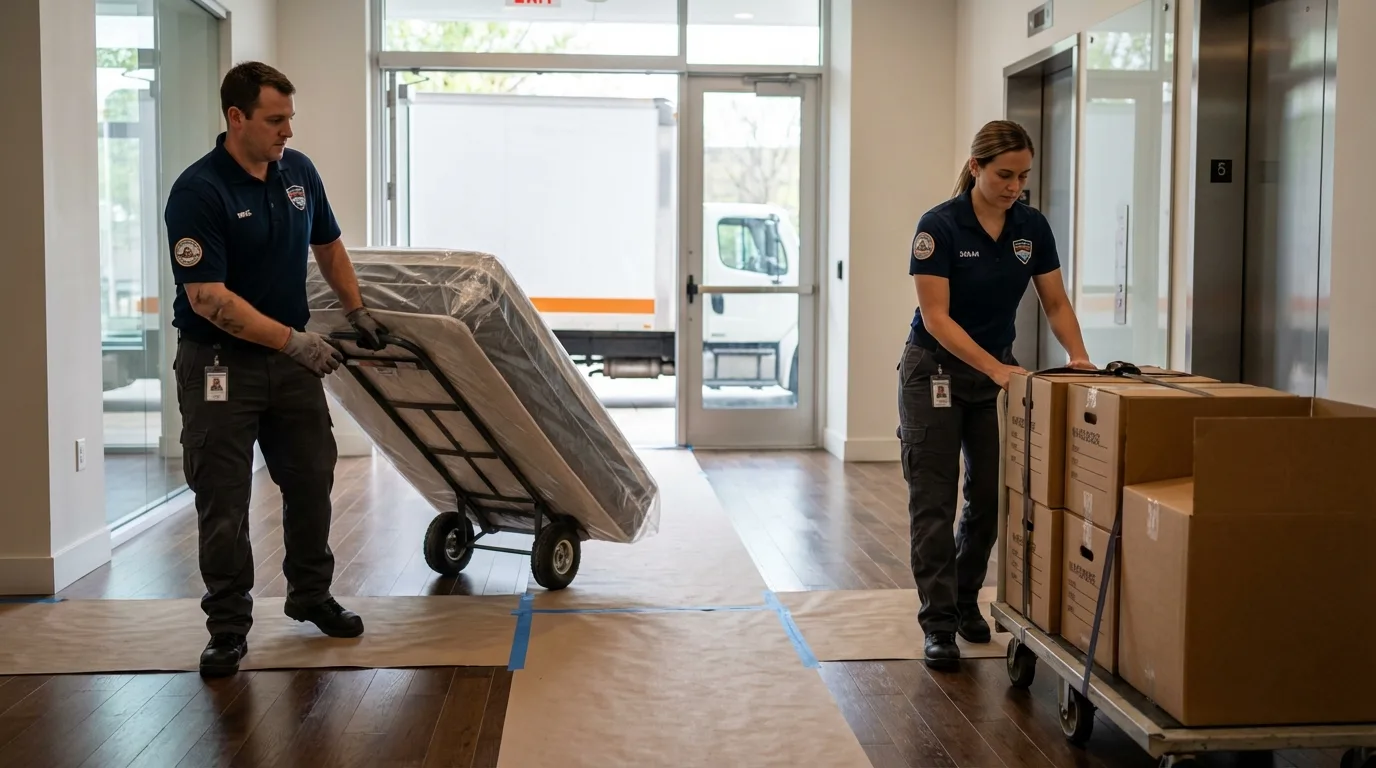 Professional apartment movers loading elevator in Pismo Beach, CA