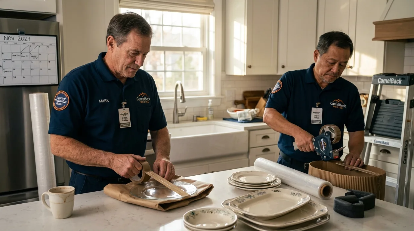 Professional crew packing kitchen dishware in Pismo Beach, CA